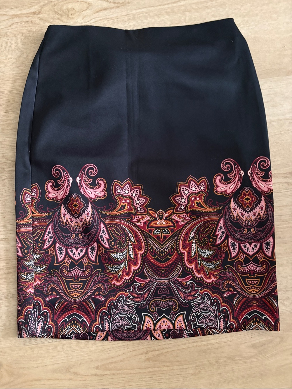 Women's (medium) Black Pencil Skirt with Pink Paisley Border